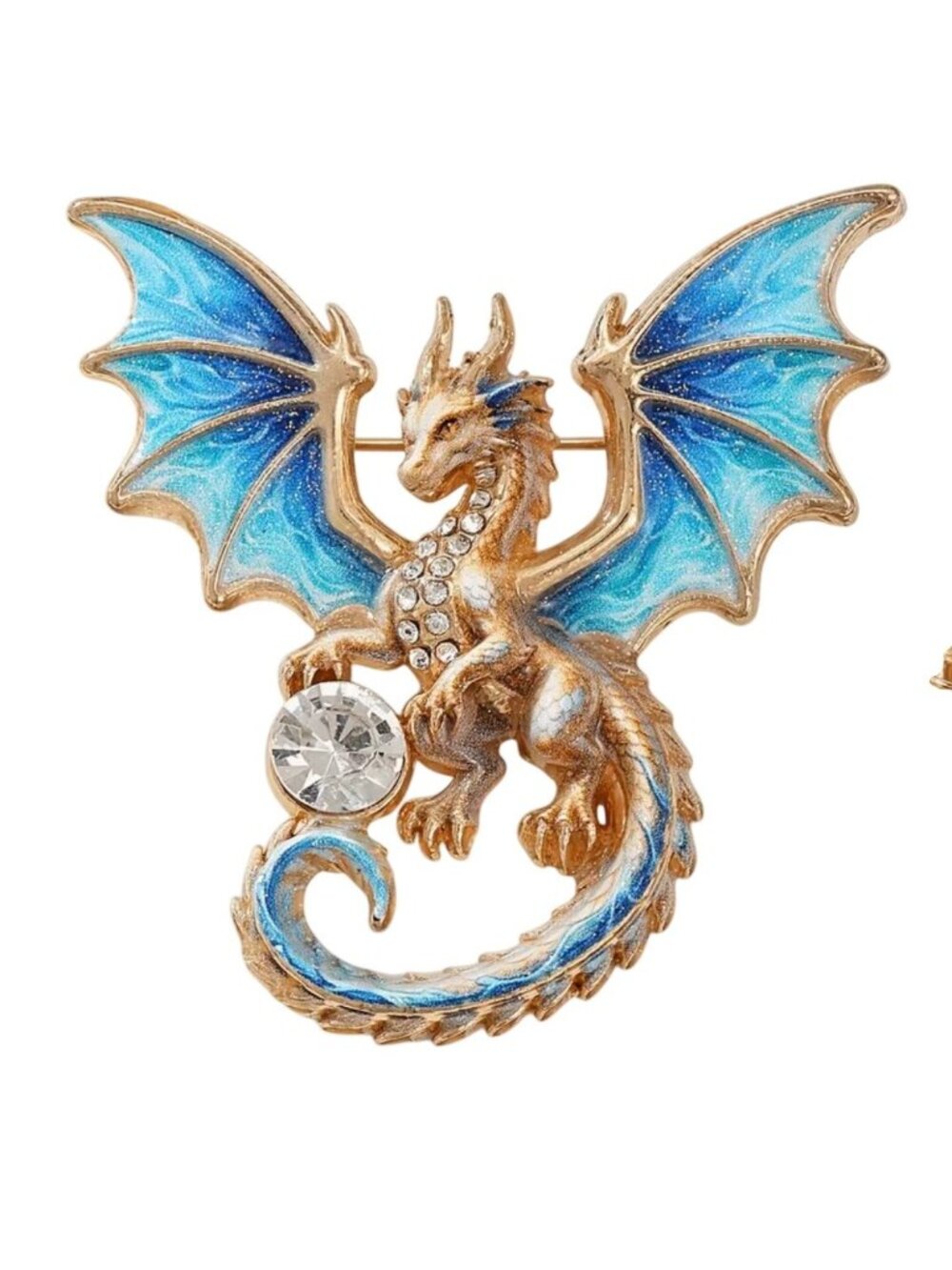 Dragon Brooch With Blue Wings & Rhinestone Accents Gold-Tone